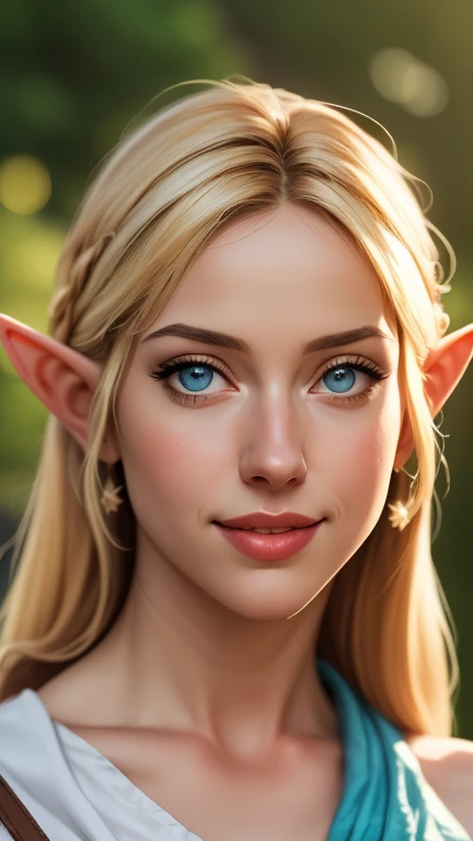 a young petite elf princess Zelda, 18 years old, with beautiful detailed eyes, beautiful detailed lips, extremely detailed face and features, small breasts, long golden blonde hair, piercing blue eyes, wearing her original Hyrule princess outfit, standing in the lush palace gardens of Ocarina, smiling warmly and gazing affectionately at the viewer, (best quality,4k,8k,highres,masterpiece:1.2),ultra-detailed,(realistic,photorealistic,photo-realistic:1.37),HDR,UHD,studio lighting,ultra-fine painting,sharp focus,physically-based rendering,extreme detail description,professional,vivid colors,bokeh,portrait,cinematic lighting,vibrant colors