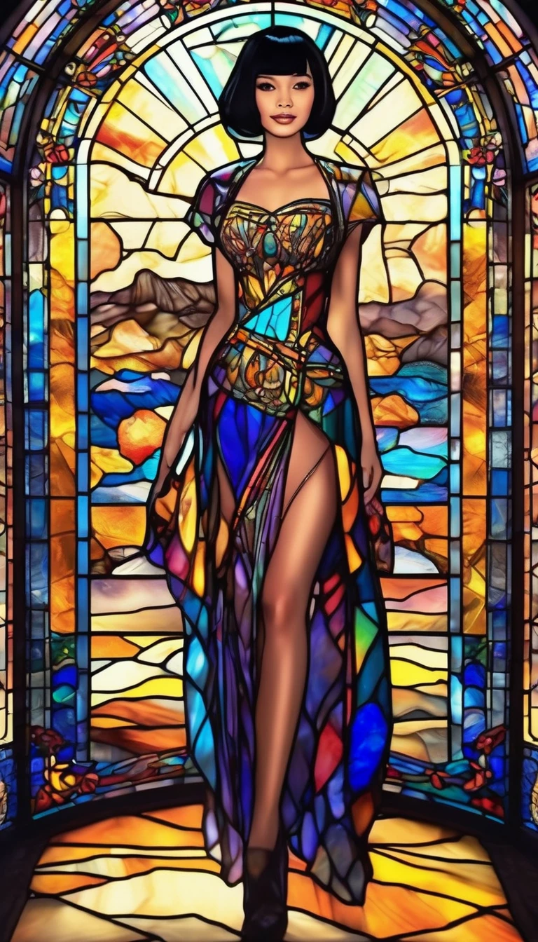 Stained glass style art of full body portrait of beautiful girl with black hair bob cut in costume with deep slit、colourfull、Photorealsitic、highcontrast、Highly detailed background，Realistic，ultra-detailliert，super detailed skin，light glow，Film grain，Expro II，Lens Flare，Sharpen，cinematic shadow