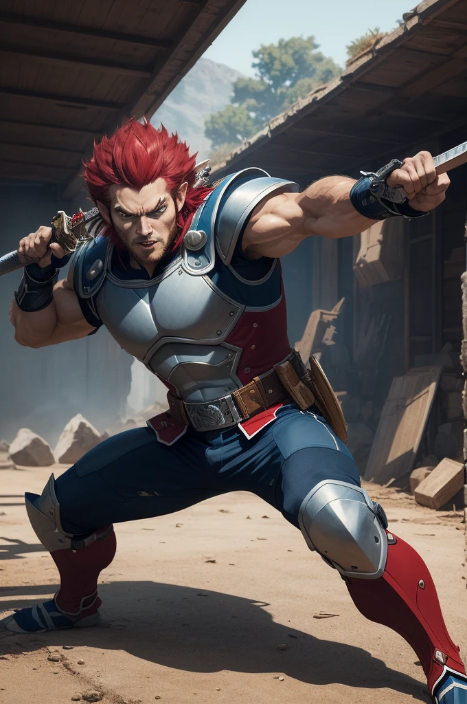 cartoon,best quality, masterpiece, detailed,
lion-oQuiron character, 1boy, red hair, rampage,   blue outfit,  using sword,  fight, action pose, 