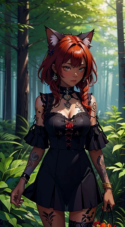 beautiful cat girl,  dark skin , red hair,  glowing golden eyes, tattoo, piercing, the forest, collects flowers, The Witch's Dress, Night, masterpiece,  Best quality,  high detail 