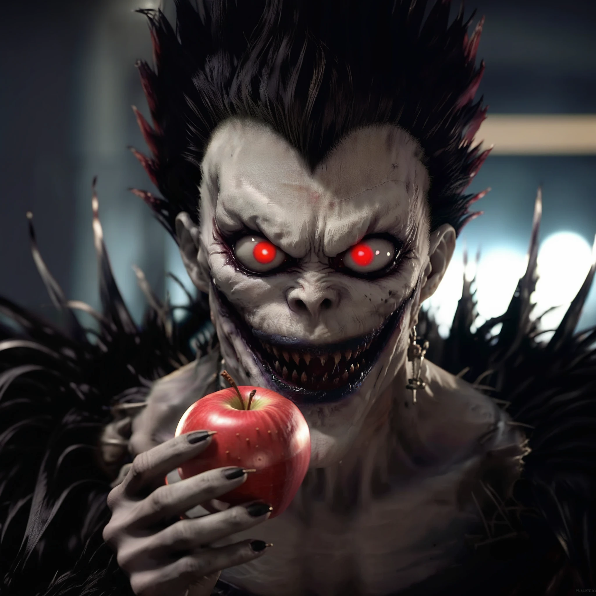 Ryuk1024, a demon, eating a red apple, highly detailed, photography, ultra sharp, film, bokeh, professional, 64k  