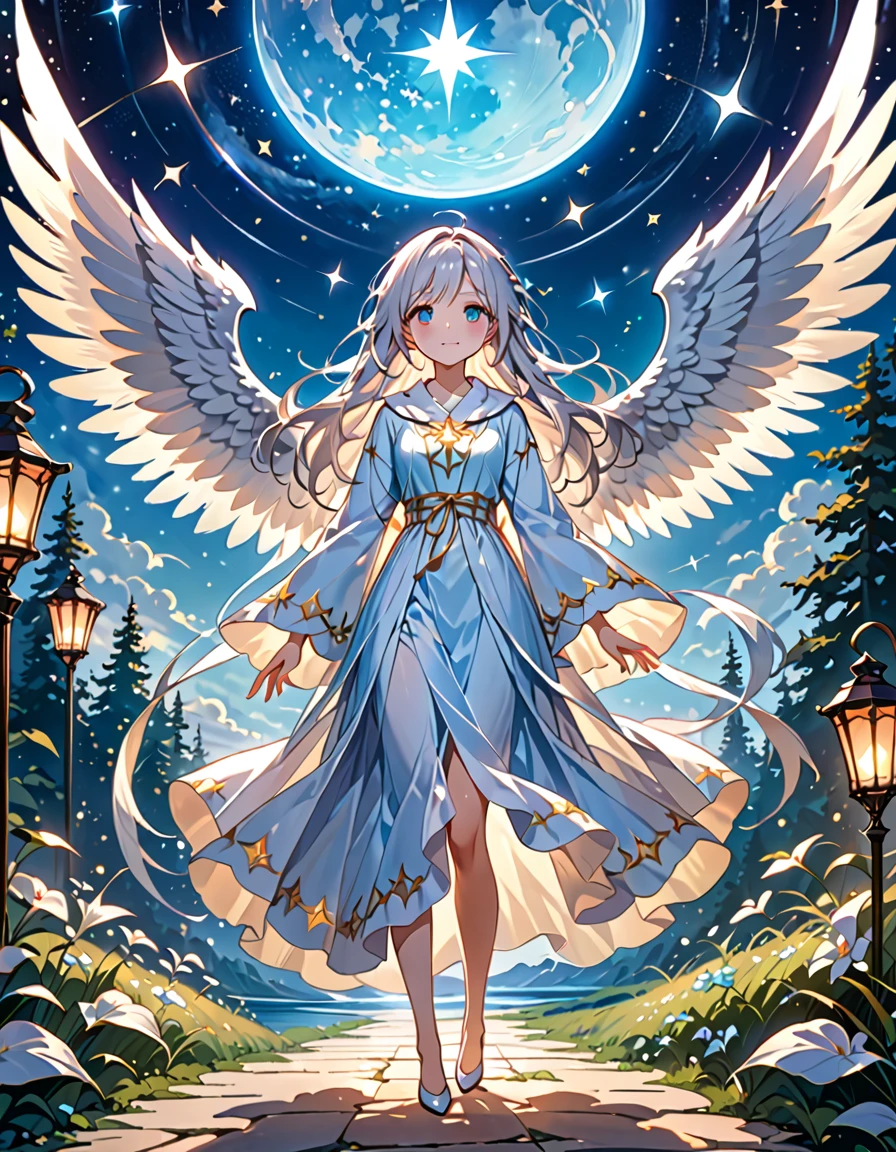 (((masterpiece, best quality, high detailed, 16k))) (1girl) A gentle angel with flowing silver hair and soft blue eyes, her robes light and flowing like the wind. Her wings sparkle with silver and blue light, and she holds a glowing lantern that illuminates the path of hope. Around her, the sky is filled with stars as she guides the lost and weary. ((full body)), ((extremely detailed)).