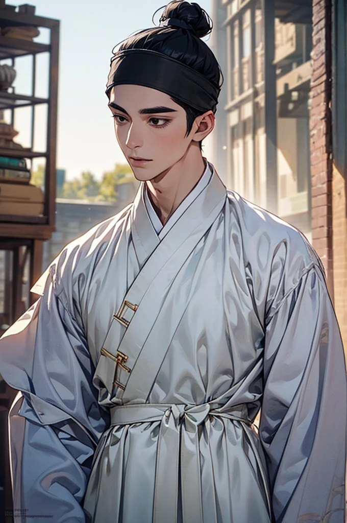 masterpiece, best quality, an extremely delicate and handsome boy,an extremely delicate and beautiful, world masterpiece theater, ultra-detailed, highly detailed, best quality, solo, 1 male, handsome, 35-years old man, black hair, topknot, see-through headband, black eyes, all white hanbok, portrait