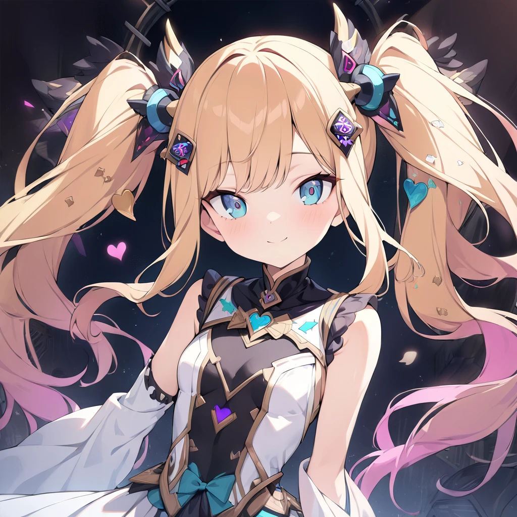 Absurd,anime,Detailed and beautiful eyes,(art),(artistic clothing:1.5),（Wizard:1.5）,HEART,sleeveless,Blonde, twin tails,smile,(a girl:1.5),from the waist up,(small breasts:1.2),(small chest:1.2),mysterious,Hello,(Large detailed hair ornament:1.2),(look away:1.5),detailed clothes,Flashy Moves,Mechanical,masterpiece, moe kawaii,abyss,luster,lame,(ultra detailed:1.2), ((highest quality)) ,Extremely Delicately Beautiful ,64k