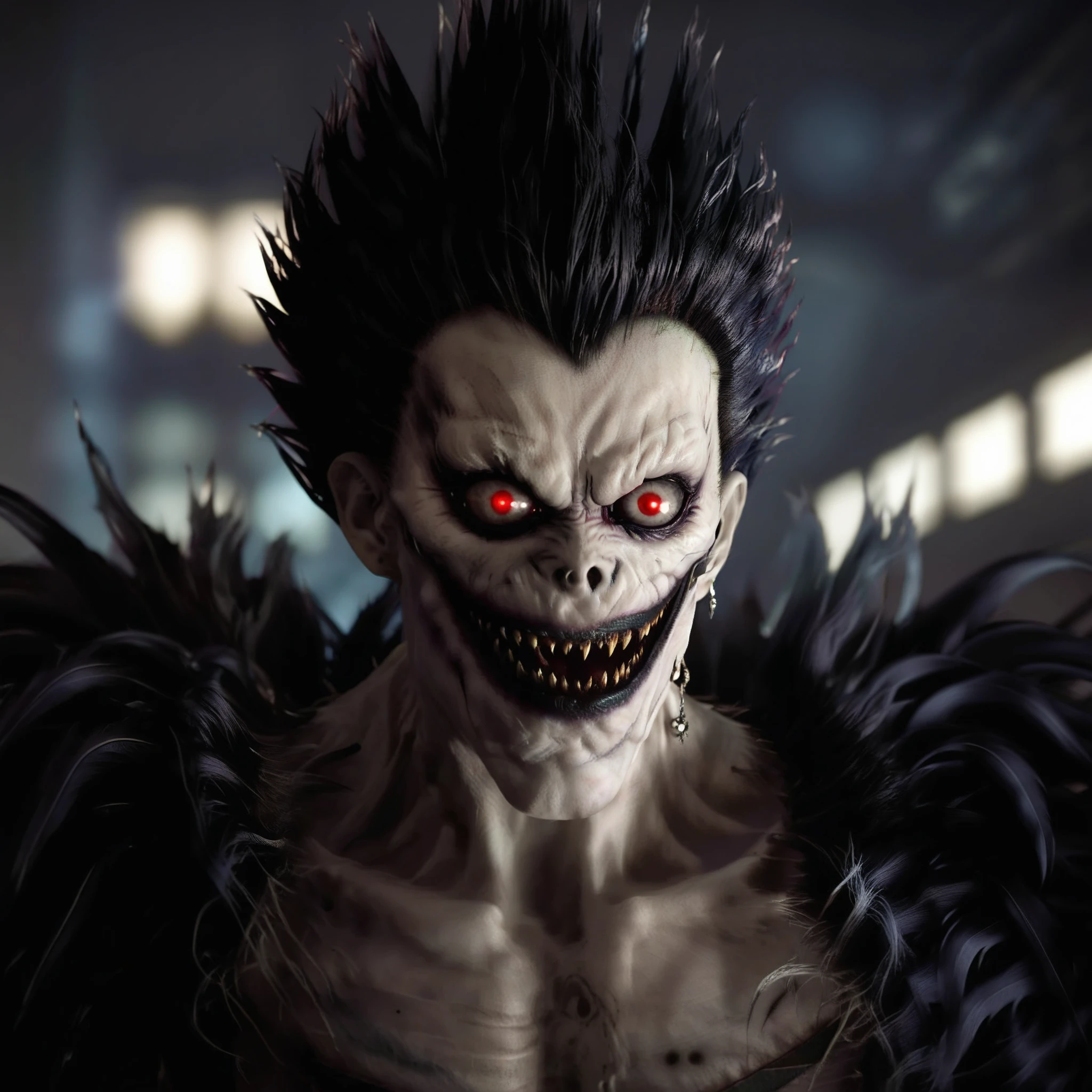 Ryuk1024, a demon, have a black note, highly detailed, photography, ultra sharp, film, bokeh, professional, 64k  