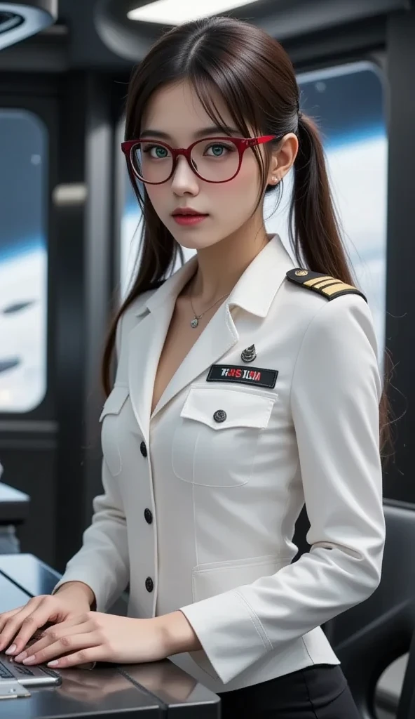 High image quality,woman,Small size, Black Hair , TWIN TAIL HAIRSTYLES,Bang bang,green eyes,Red glasses,In formal attire,uniform,air force white coat,Dark look,warship,ship aircraft carrier, Futuristic, SF, warplane,  outer space ,Spaceship cockpit、 war