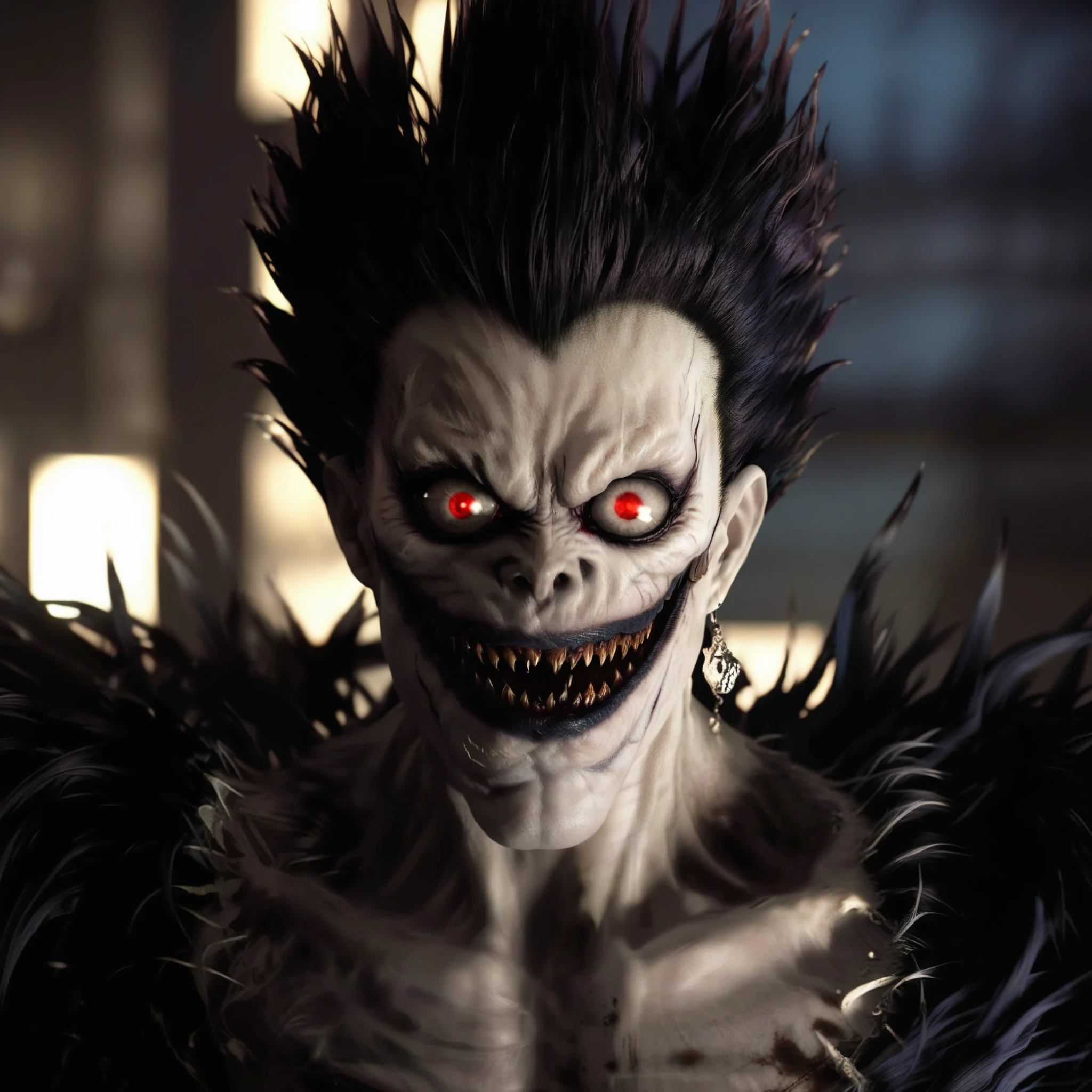 Ryuk1024, a demon, have a black note, highly detailed, photography, ultra sharp, film, bokeh, professional, 64k  