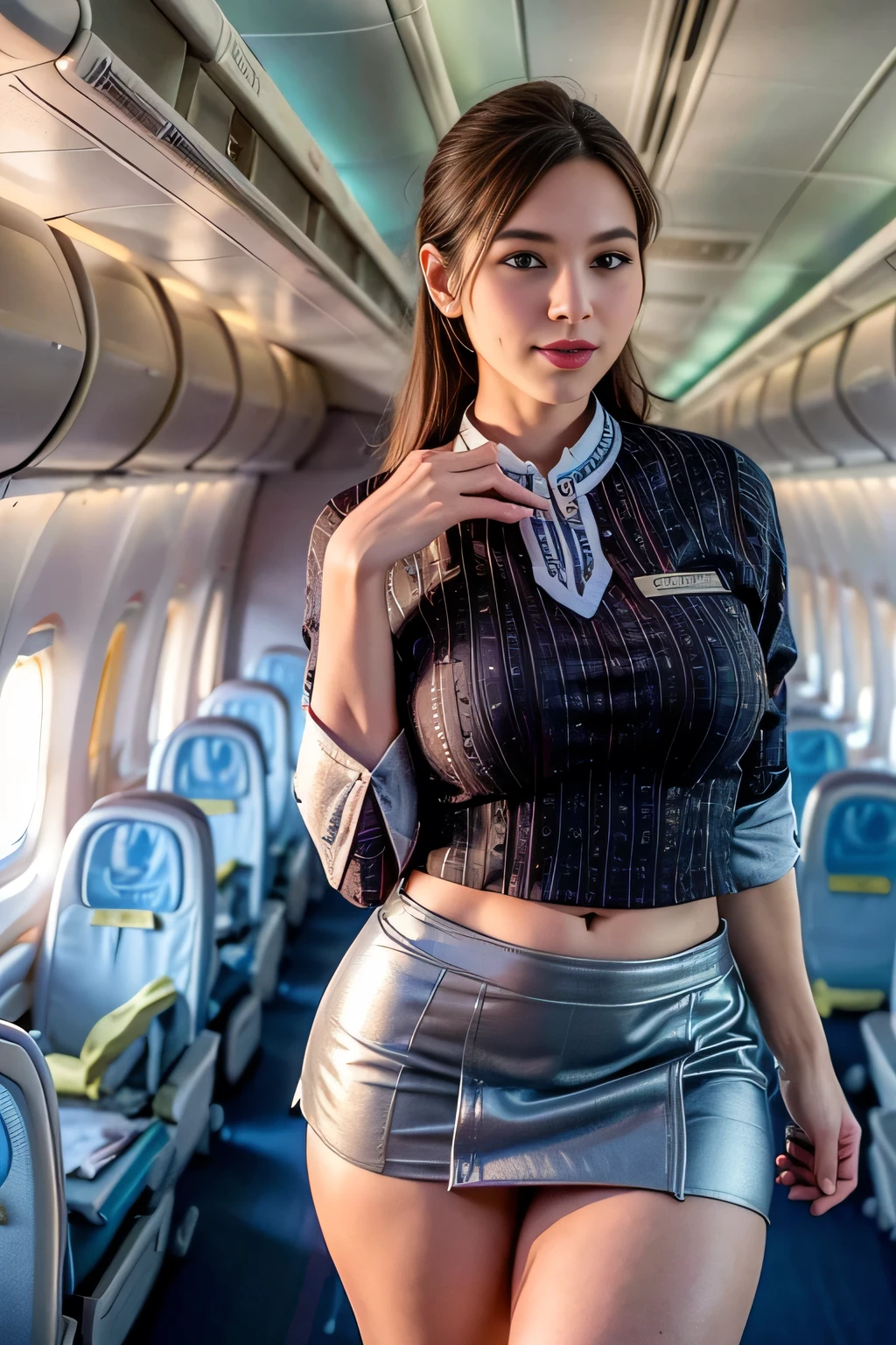 1beautiful womanl, 28years、hyperdetailed face、Detailed lips、A detailed eye、double eyelid、(Smiling while walking gracefully down the aisle)、(Stewardess uniform:1.2)、((mini skirt:1.5)) (Glamorous body)、(Colossal )、（large full breasts）（big butts）（Plump body）（plump body shape）（ large full breasts）（Colossal ）((J-Cup))、highs thighs thighs thighs, Perfect fit, Perfect image realism, Background with: (Business Class aisle on airplanes:1.2), Cowboy Shot, Meticulous background, detailed costume, Perfect litthing、Hyper-Realism、(Photorealsitic:1.4)、8K maximum resolution, (​masterpiece), ighly detailed, Professional