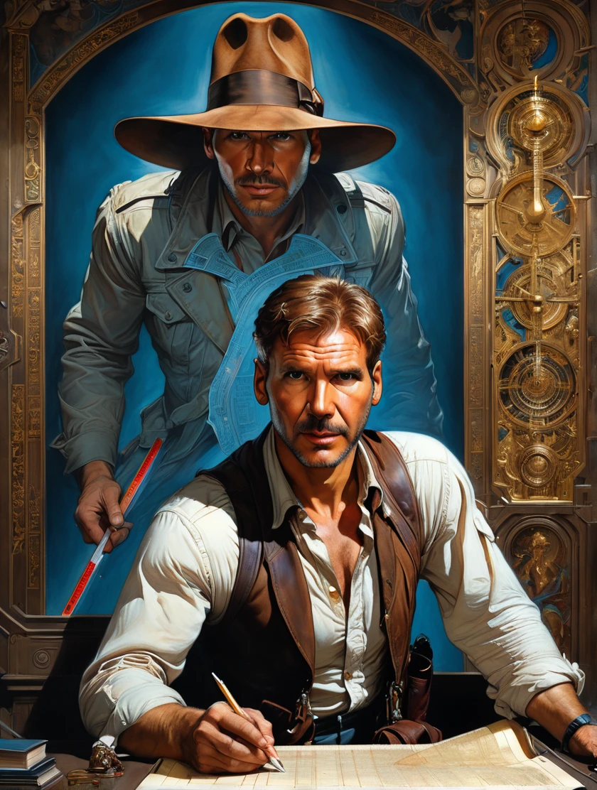 Indiana Jones persona in the style of Sveta Dairsheva and Hsiao Ron,hyper realistic,Grant,Surrealism,dark art by james jean,Alphonse Mucha,air,Chalk blue,Fresia ,Bubonic brown,White Acorn and Adobe, (holding a trasparent ruler long 1 meter above the head like a relic: 1.8), movie poster