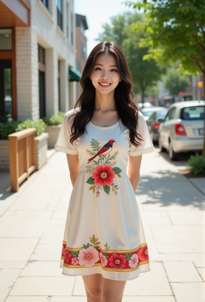 The image is a high-resolution photograph of a young Asian woman standing outdoors on a sunlit sidewalk. She has long, wavy, dark brown hair cascading over her shoulders and is wearing a white, short-sleeved dress that reaches her knees. The dress is adorned with a large, colorful, and detailed floral pattern at the chest, featuring a bird perched on a branch with red, pink, and green flowers beneath it. The floral design extends down the front of the dress, ending with a band of red and gold trim at the hem. 

The woman has a gentle, friendly expression and is smiling softly. Her hands are placed behind her back, adding a relaxed and approachable vibe. The background shows a suburban street with a mix of modern and traditional architecture. There are trees with lush green leaves, a wooden railing, and a white building with large windows and wooden trim. The sidewalk is made of light-colored, rectangular paving stones. The overall atmosphere is bright and cheerful, suggesting a pleasant, sunny day. The photograph captures a moment of casual elegance in a serene urban setting.