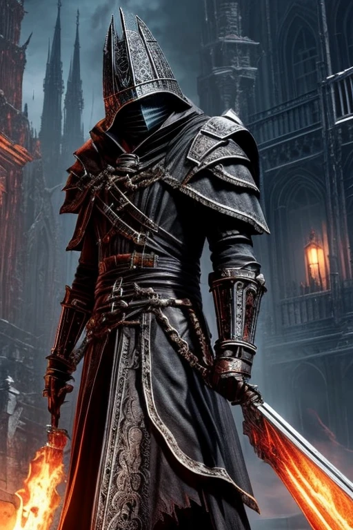  Bloodborne,a cage attached to his head,Metal head armor ( something like a column like a cage with hexagonal metals stacked vertically（1.5）)Wear （1.4）、It's black and rusty、 shot from her shoulder 