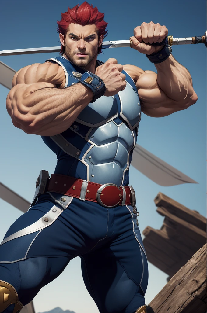 cartoon,best quality, masterpiece, detailed, lion-oQuiron character, 1boy, super muscular giant, with muscular arms, broad shoulders, giant toned physique, muscular veins popping, super hairy brown, blue eyes, with veins popping red hair, rampage, blue outfit, using sword, fight, action pose,