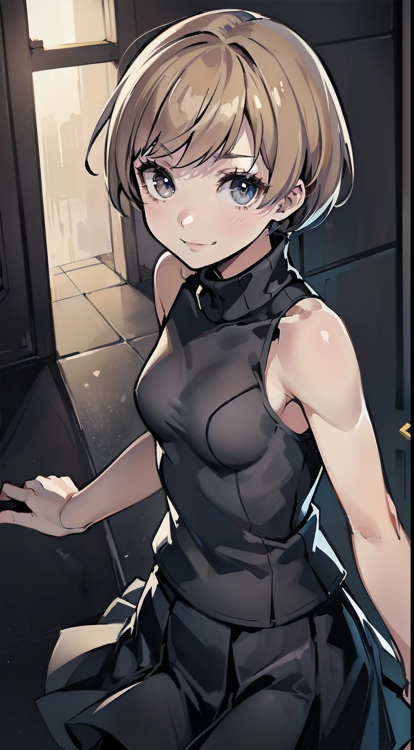 { masterpiece : best quality : high resolution : unity 8k wallpaper : illustration : beautiful detailed eyes : extremely detailed face : perfect lighting : extremely detailed CG : perfect anatomy } {horror_edit} {} { scary_dark_alley } ( 1girl : Chie Satonaka, black tight_turtleneck : sleeveless : bare_shoulder : skirt, innocent, perfectly_small_breast : perfectly_fit_body ) } { seductive_smile } { cowboy_shoot } {dynamic_pose}