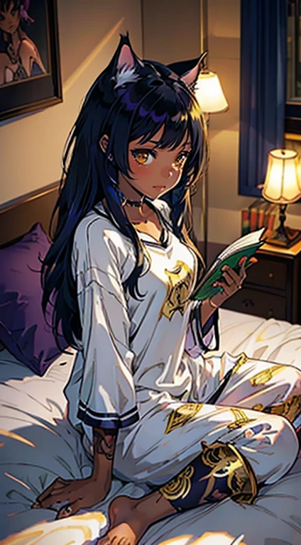 beautiful cat girl,   dark skin ,  colorful hair ,  glowing golden eyes, tattoo, piercing, room, In pajamas, on the bed she reads a fairy tale to little kittens, Night, masterpiece,   Best quality,   high detail  