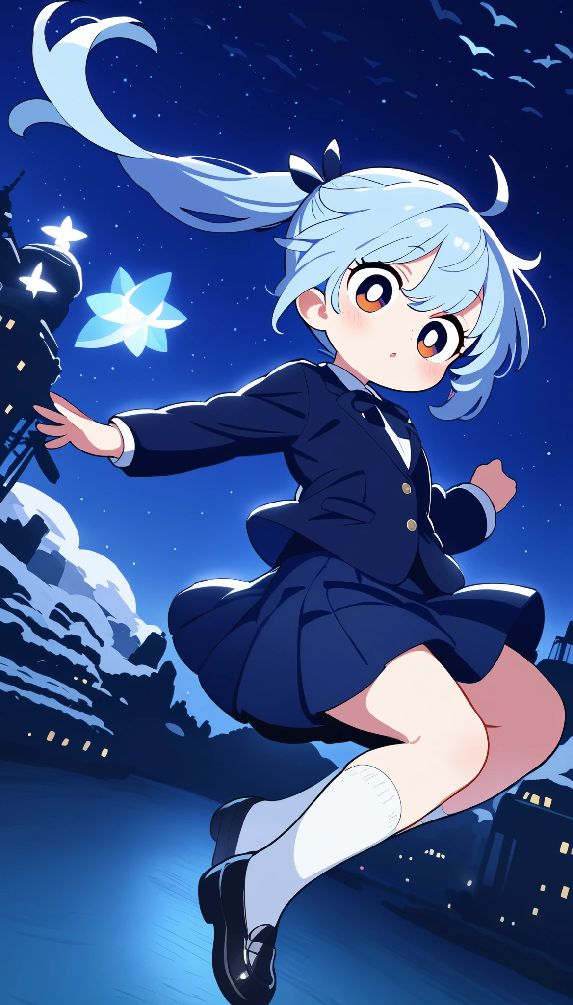 ((Top Quality)), ((Masterpiece)), A girl with light blue hair and a ponytail. She is wearing a navy blue blazer and navy blue knee-length skirt. Big eyes, short white socks, black shoes. Flying in the sky. night.
