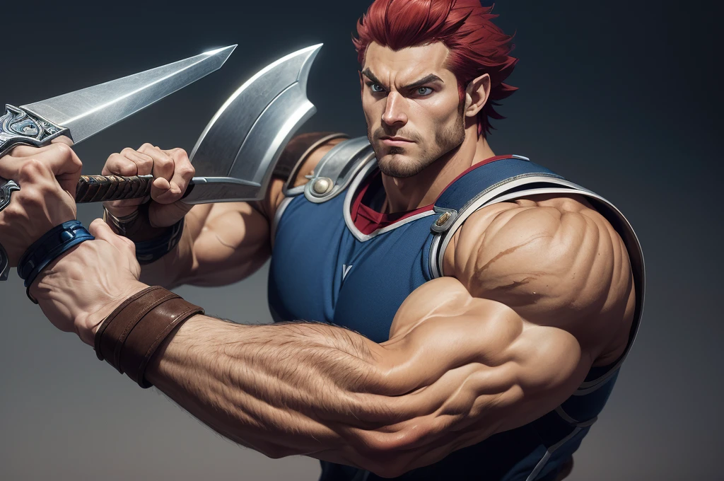 cartoon,best quality, masterpiece, detailed, lion-oQuiron character, 1boy, super muscular giant, with muscular arms, broad shoulders, giant toned physique, muscular veins popping, super hairy brown, blue eyes, with veins popping red hair, rampage, blue outfit, using sword, fight, action pose,