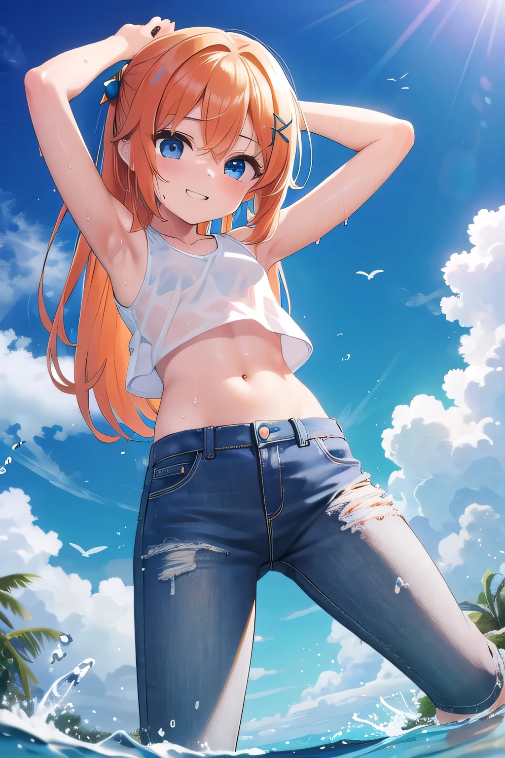 masterpiece,best quality,ultra detail,1girl, 14yo,petite,smile happy, ocean garden,sunshine,cloud, long hair, blue eyes, low orange hair, hair ornament, x hair ornament,Raise your arms and behind your head,White teeth, white tank tops, white crop tops, jeans, jean pants, Drenched in sweat, wet cloths, wetting self, (wet clothes:1.7), legs full stretched out, From below