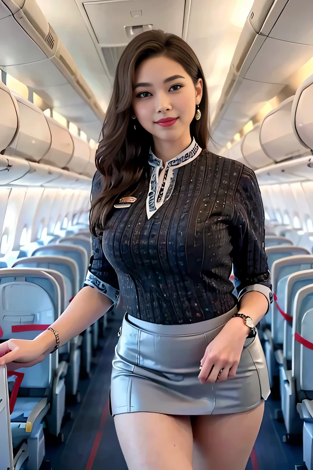 1beautiful womanl, 28years、hyperdetailed face、Detailed lips、A detailed eye、double eyelid、(Smiling while walking gracefully down the aisle)、(Stewardess uniform:1.2)、((mini skirt:1.5)) (Glamorous body)、(Colossal )、（large full breasts）（big butts）（Plump body）（plump body shape）（ large full breasts）（Colossal ）((J-Cup))、highs thighs thighs thighs, Perfect fit, Perfect image realism, Background with: (Business Class aisle on airplanes:1.2), Cowboy Shot, Meticulous background, detailed costume, Perfect litthing、Hyper-Realism、(Photorealsitic:1.4)、8K maximum resolution, (​masterpiece), ighly detailed, Professional