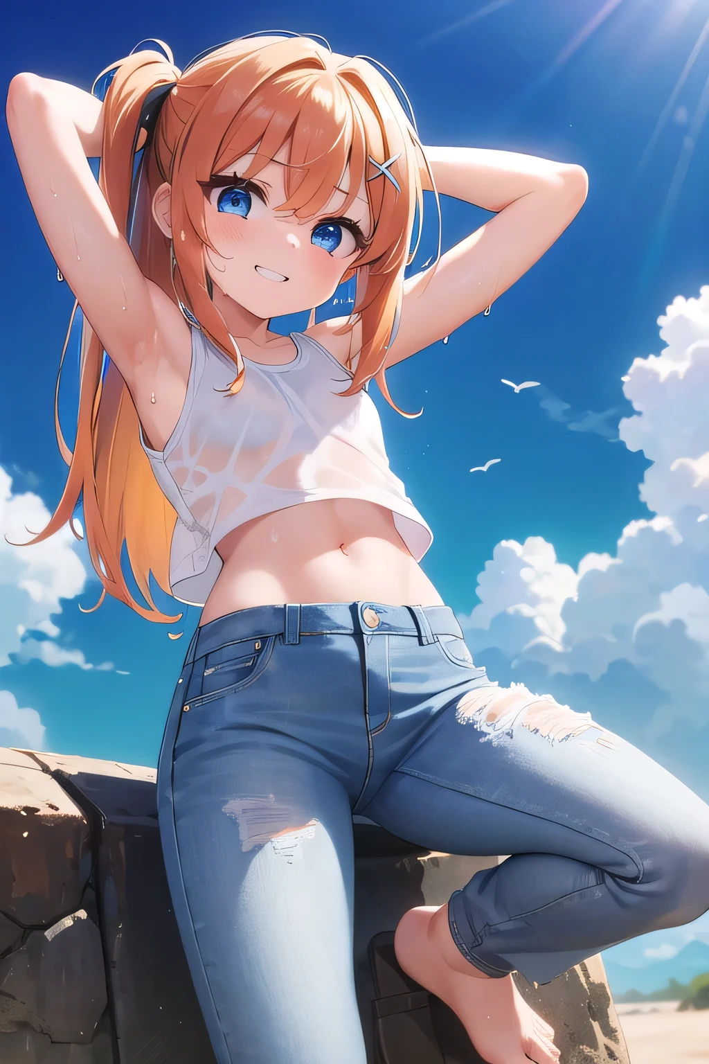 masterpiece,best quality,ultra detail,1girl, 14yo,petite,smile happy, desert, sunshine, cloud, long hair, blue eyes, low orange hair, hair ornament, x hair ornament,Raise your arms and behind your head,White teeth, white tank tops, white crop tops, jeans, jean pants, Drenched in sweat, wet cloths, wetting self, (wet clothes:1.7), From below