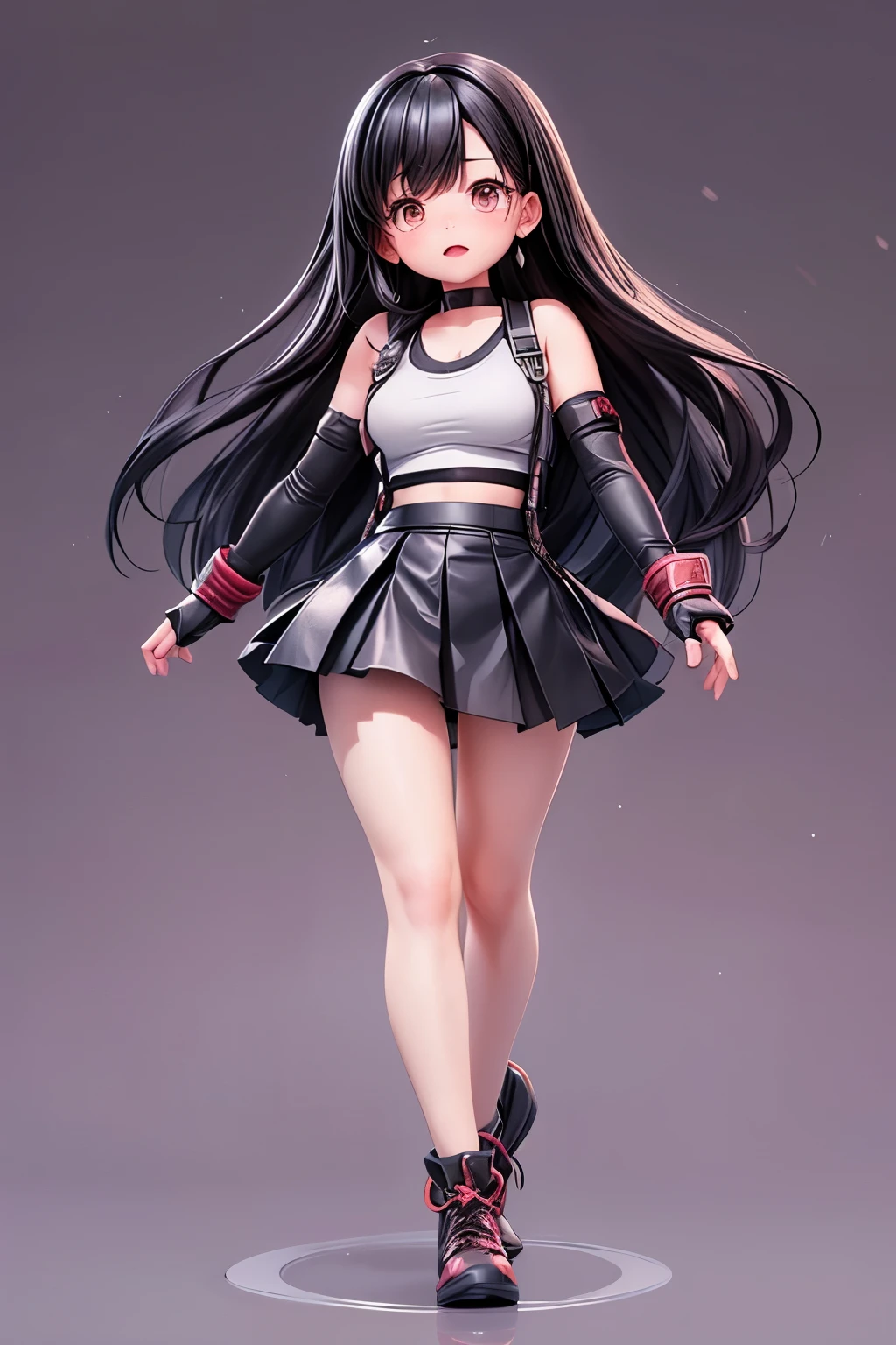 Clean background、 stand straight and symmetrically, viewer,1 female, Black Hair , ,,Good style,,(look forward to)(((blush、 surprised expression )),(((The bangs are evenly spaced))) People who wear full-body images 、look forward toいる、 stand straight and symmetrically, viewer, full body shot , Wide angle, Tifa Lockhart