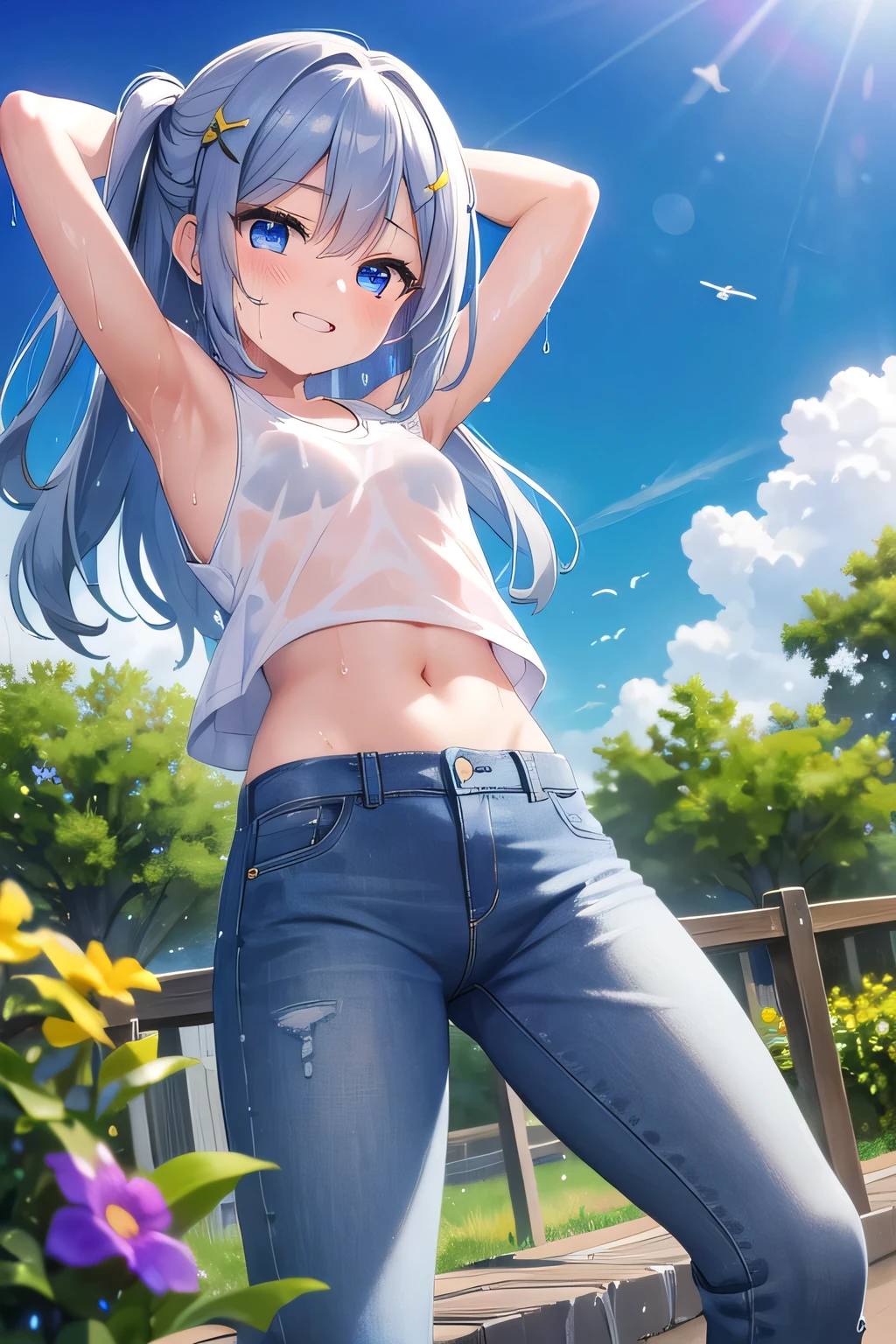 masterpiece,best quality,ultra detail,1girl, ****,petite,smile happy, flower garden, sunshine, cloud, long hair, blue eyes, low violet hair, hair ornament, x hair ornament,Raise your arms and behind your head,White teeth, white tank tops, white crop tops, jeans, jean pants, Drenched in sweat, wet cloths, wetting self, (wet clothes:1.7), From below