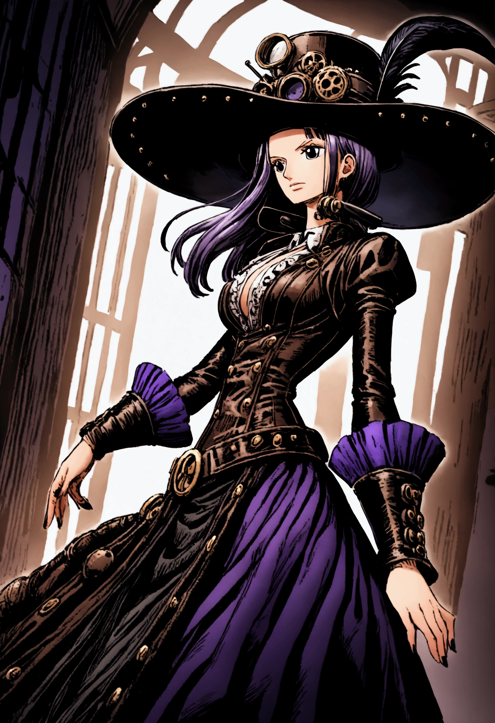 A one piece girl characters, pretty, elegant, steampunk clothes, blue and purple colors, big hat