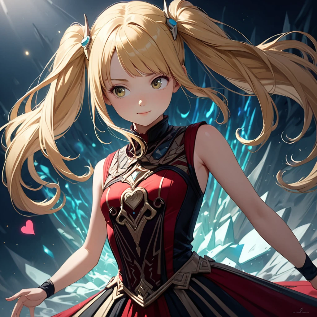 Absurd,anime,Detailed and beautiful eyes,(art),(artistic clothing:1.5),（Wizard:1.5）,HEART,sleeveless,Blonde, twin tails,smile,(a girl:1.5),from the waist up,(small breasts:1.2),(small chest:1.2),mysterious,Hello,(Large detailed hair ornament:1.2),(look away:1.5),detailed clothes,Flashy Moves,Mechanical,masterpiece, moe kawaii,abyss,luster,lame,(ultra detailed:1.2), ((highest quality)) ,Extremely Delicately Beautiful ,64k