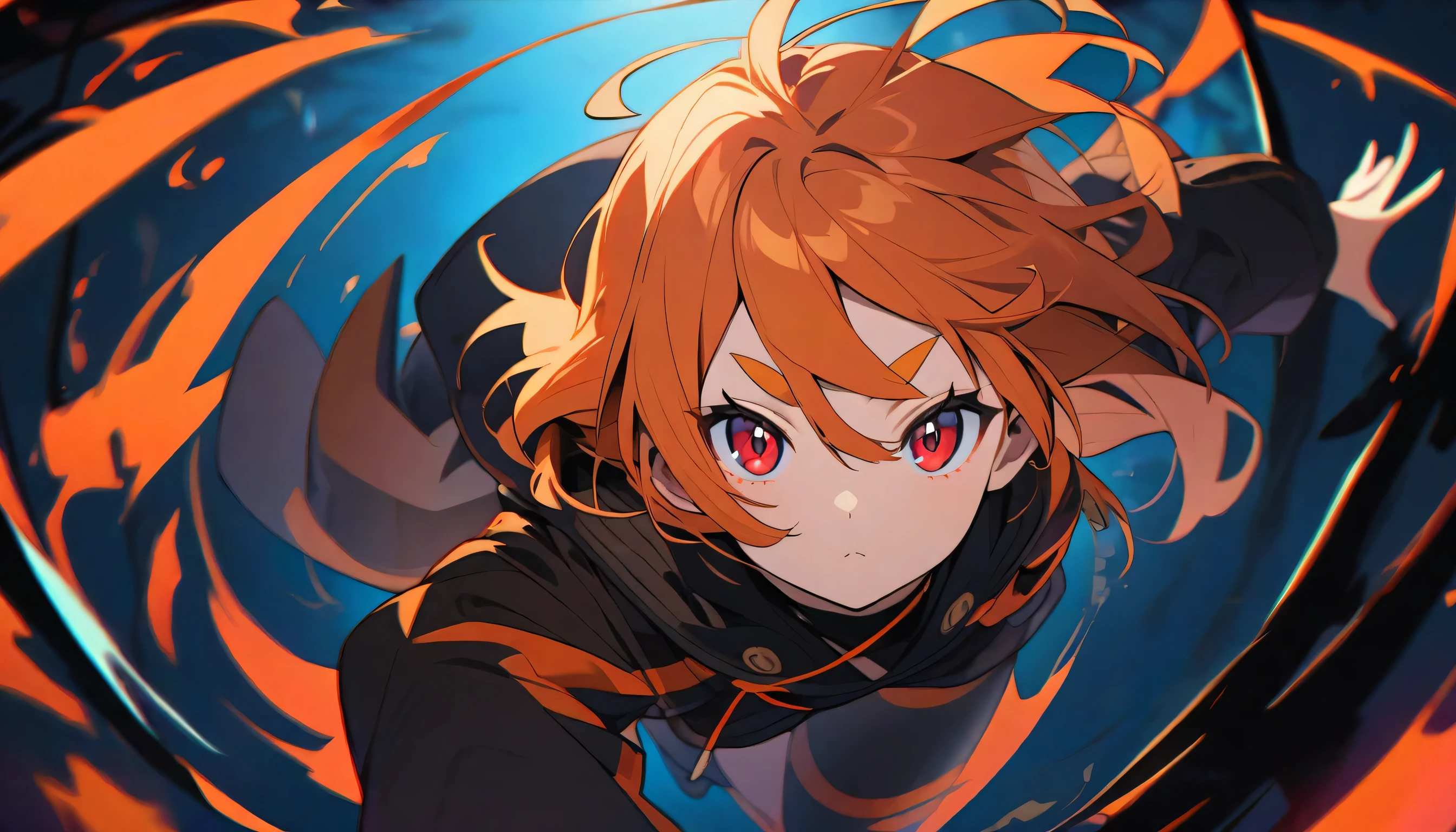 orange hair,Girl with sky blue eyebrows , red eyes, Black Jacket,Orange short hair,Looking at the camera,whole body,Girl with sky blue eyebrows