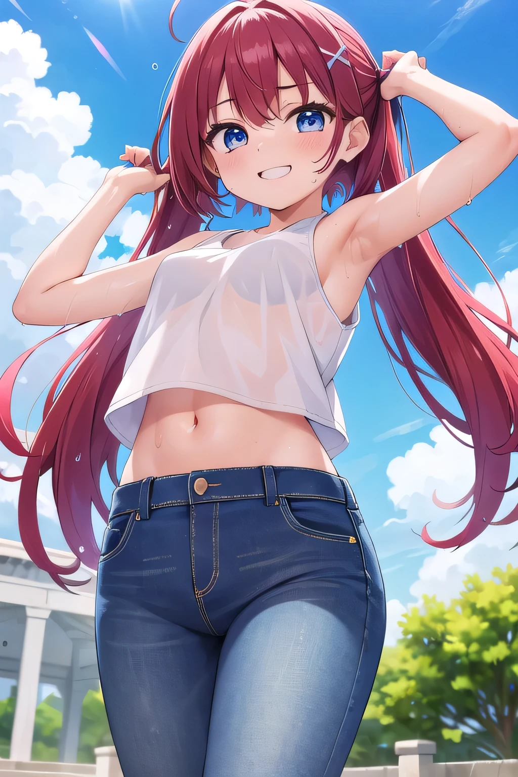(A girl wearing a thick white sweater)、(Redhead)、青い目をしたanime、(Big Breasts), ((Loose knitted sweater:1.4)), (hot pants:1.2),魅力的なanime, anime con pelo largo, 美しいanime, かわいいanime, anime, かわいいanime, 最高のanime, 萌えanimeアートスタイル, かわいいビジュアルanime, 肖像画のanime, anime, 魅惑的なanime, (anime), 若いanime、Yellow star hair ornament