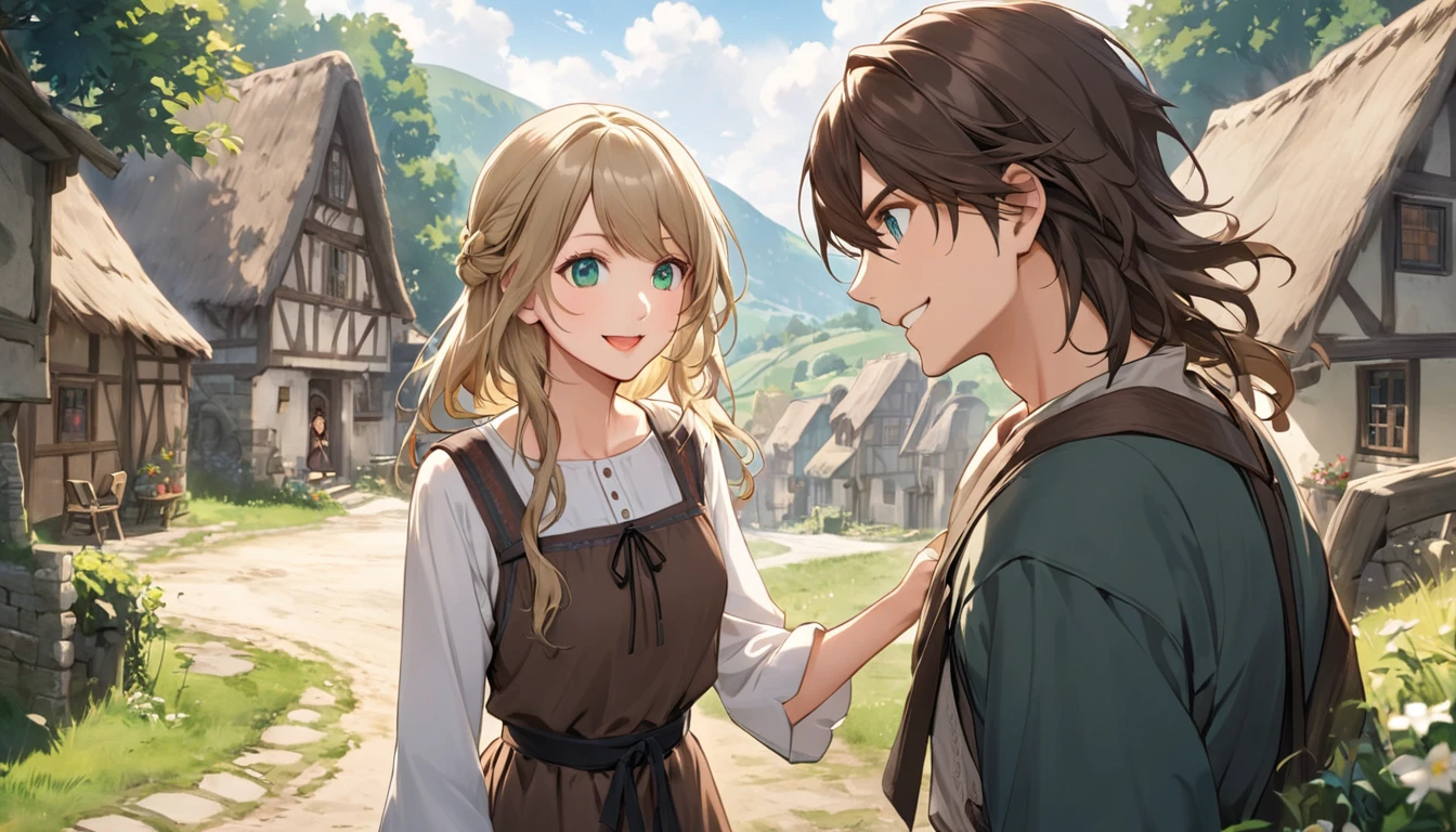 A young man, masculine, Teenager with green eyes and medium fallen hair, dark brown hair,  wearing simple peasant clothing , with a neutral expression. Along with it ,  is Taylor Swift ,  with blond hair and blue eyes, wearing a peasant outfit.  She is smiling and interacting in a friendly way with them both . The scene is calm, with surrounding it the scenery of a village square."