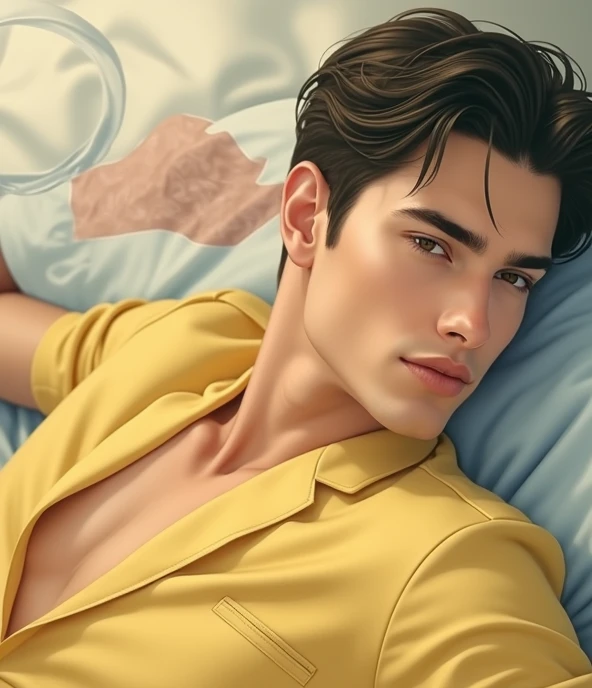 Young handsome man lying on a canopy bed, (super high quality), (masterpiece), hyper-realistic, highly-detailed, 5D, volumetric lighting, Filmic, YPbPr, Visual Perception, Post-Production: clean-shaven:2