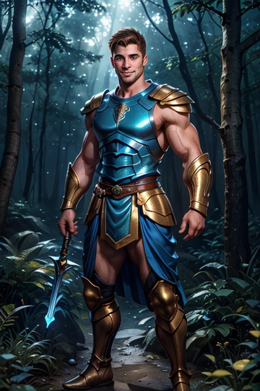 A strong, muscular young man with blonde hair and piercing blue eyes stands confidently with his arms crossed. He wears ornate blue and silver armor, including a detailed chest plate and pauldrons. On his head, he wears a regal crown that signifies his mastery over water. His gaze is intense and commanding, reflecting his strength and control over the element. His smooth, well-groomed underarms are visible. The background features a dynamic display of cascading water and swirling ice, with a cool, blue light illuminating the scene. The image is rendered in a photorealistic, hyper-realistic 8k style, with vibrant HDR and chiaroscuro lighting that highlights the textures of the armor, the fluidity of the water, and the powerful stance of the character.