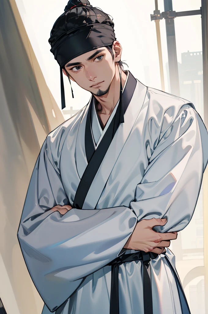 (absurdres, highres, ultra detailed, masterpiece, best quality), portrait, dutch angle, finely detailed eyes and detailed face, best quality, solo, 1 male, mature, handsome, 35-years old man, tall muscular guy, broad shoulders, black hair, topknot, see-through headband, black eyes, all-white hanbok