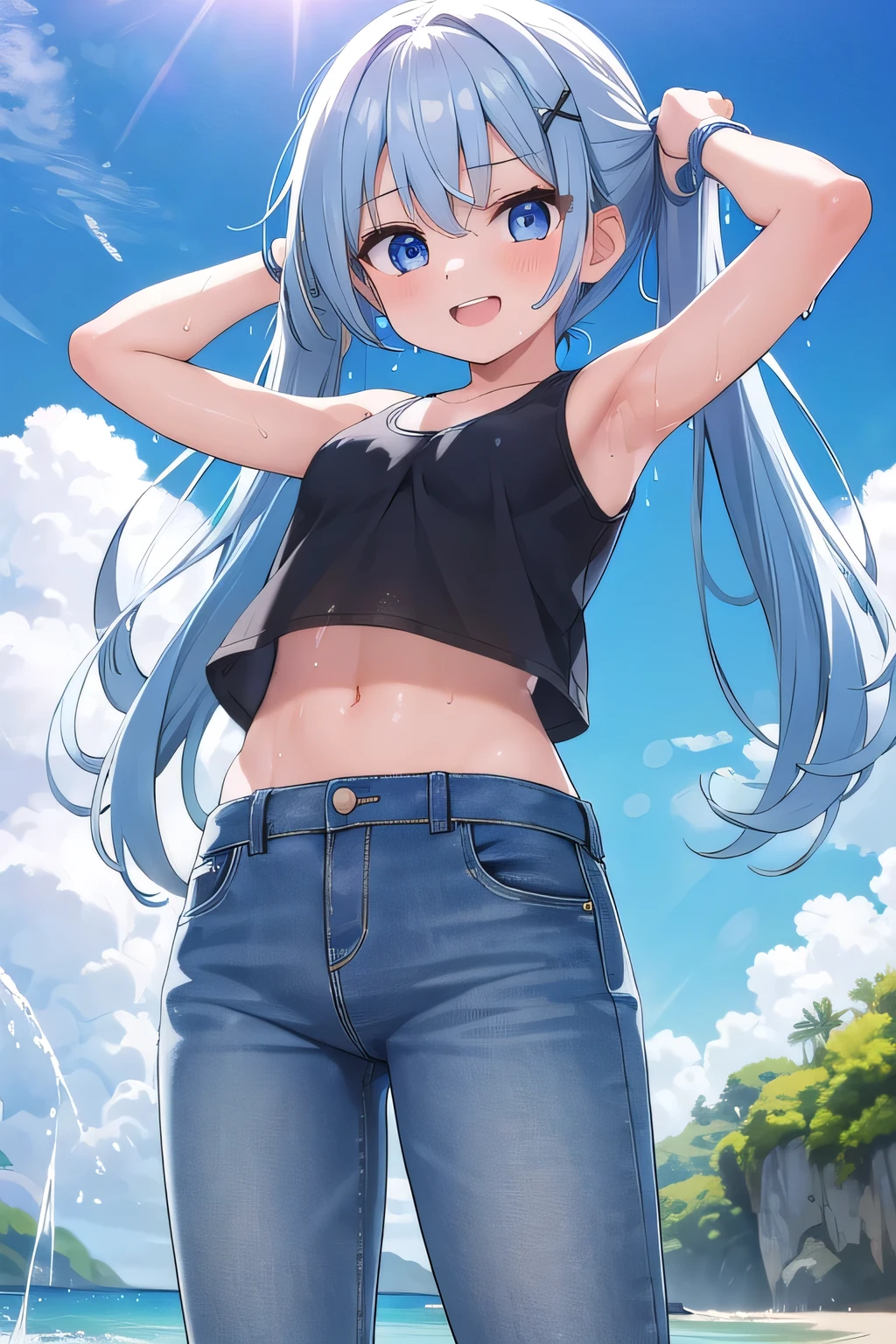 masterpiece,best quality,ultra detail,1girl, 14yo,petite,smile happy, beach, sunshine, cloud, long hair, blue eyes, low blue hair, hair ornament, x hair ornament,Raise your arms and behind your head,White teeth, white tank tops, white crop tops, jeans, jean pants, Drenched in sweat, wet cloths, wetting self, (wet clothes:1.7), From below