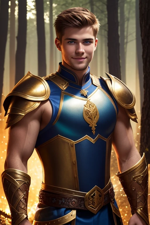 Photo realistic. A handsome, twenty-year-old, Caucasian, muscular medieval warrior, with fade-cut, brown hair, stubble, and blue eyes, wearing sleeveless, shimmering blue and gold armor, smiling slightly, standing in a magical forest, with glowing lights floating around, at dusk.