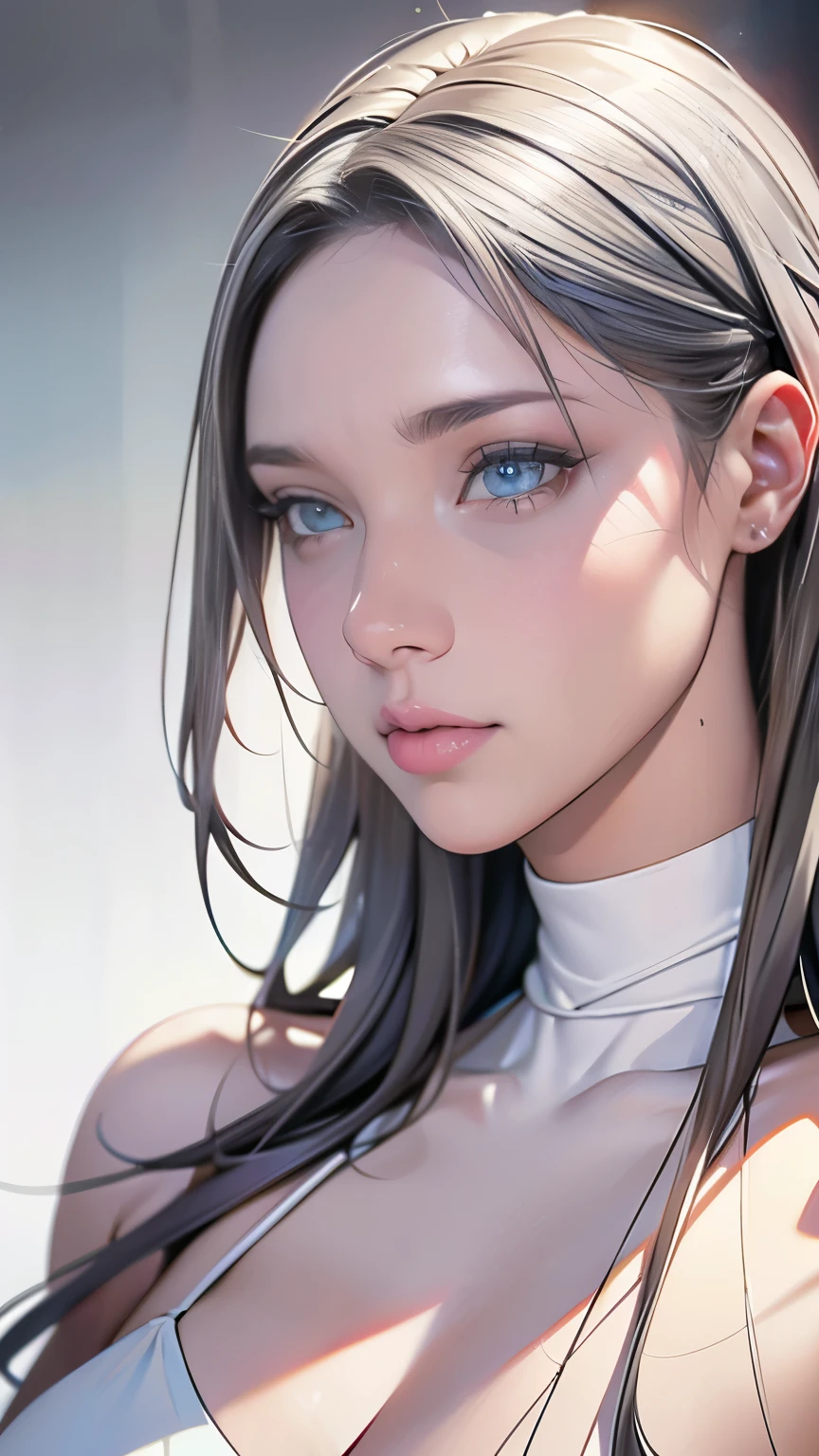 full body, a beautiful woman with insightful eyes, long flowing hair, silver hair, gray eyes, porcelain white face, soft and shiny skin, 1girl, detailed face, extremely detailed eyes and face, high quality, detailed illustration, digital art, cinematic lighting, masterpiece, photorealistic, ultra-detailed, vibrant colors, dramatic lighting