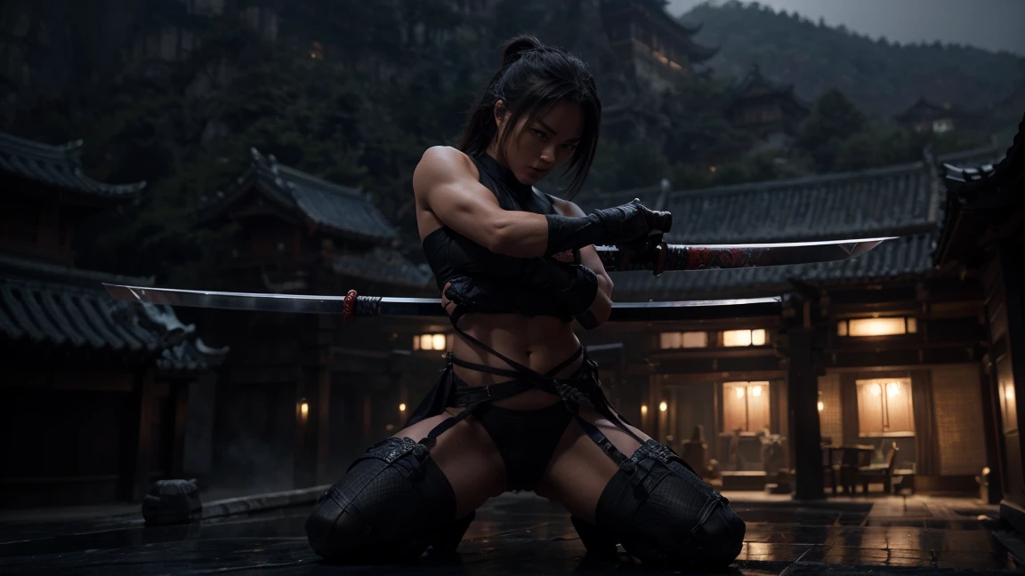 a highly muscular female ninja with 1 katana, the upper coltes are made of net. naked thorso, detailed abs and muscles, dark outfit, serious expression, glowing katana blade, dynamic action pose, on a chinese ancient roof, in a misty olde chines village at night dark moody lighting, cinematic angle, hyperrealistic, digital art, illustration