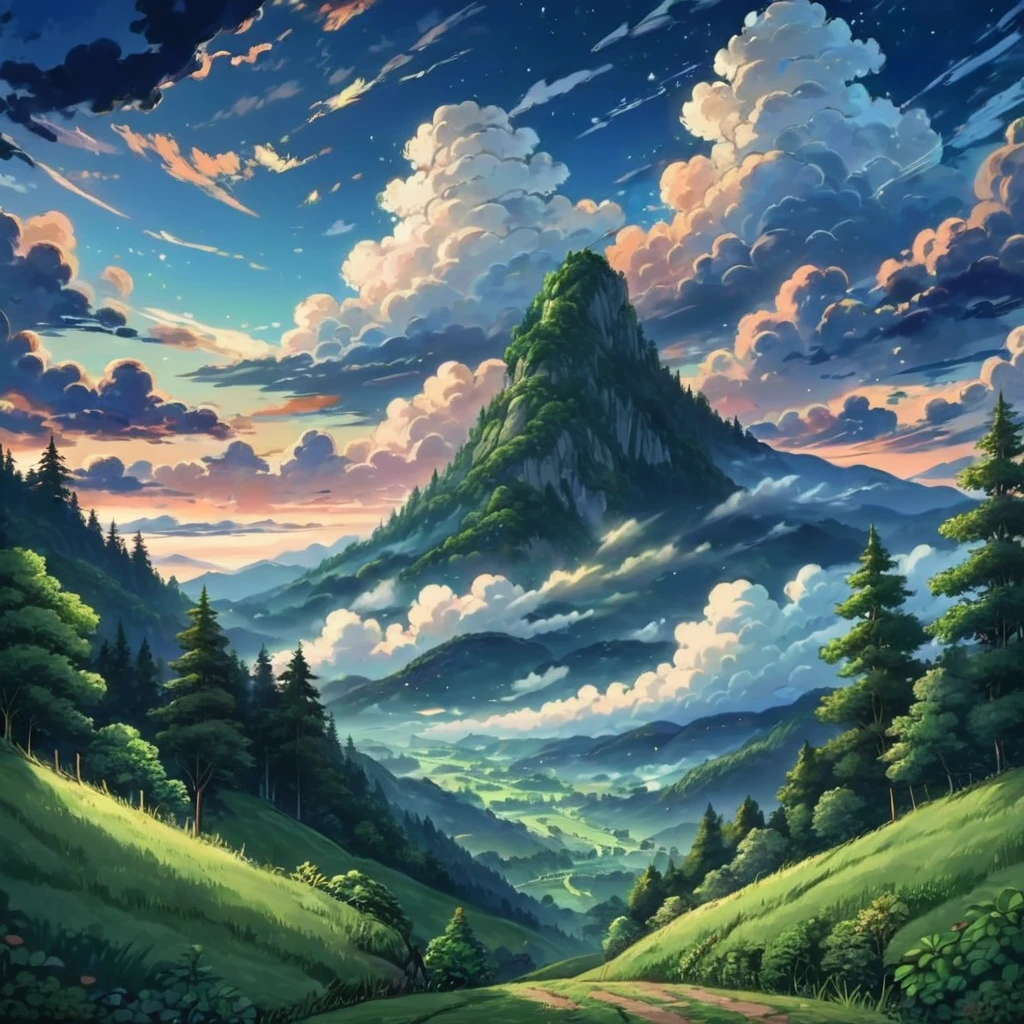 style anime，Evening，evening sky ，mountain々， surrounded by clouds，Champs verts et forêts，beautiful sky，  Great views 