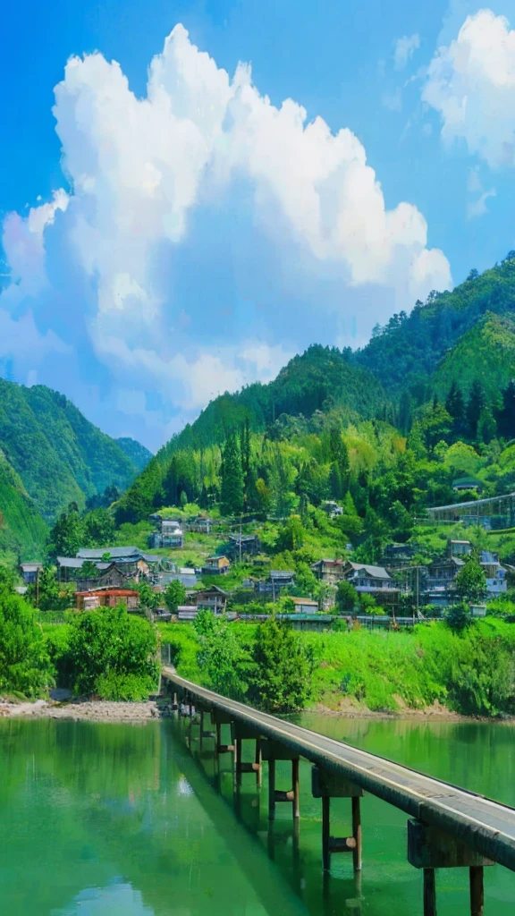 "A tranquil Japanese mountain village scene with a long concrete bridge stretching across emerald-green lake waters. Traditional houses with varied colored roofs cascade up the verdant mountainside, creating a terraced effect against the lush forest backdrop. Dramatic cumulus clouds billow in the bright blue summer sky. The landscape features multiple shades of green, from the deep forest to the bright hillside vegetation. The concrete bridge's strong geometric lines contrast with the organic shapes of nature. High-saturation photography style capturing the vibrant colors of rural Japan, with particular emphasis on the jade-colored water reflections. Power lines crisscross the hillside, adding modern elements to this traditional landscape."
