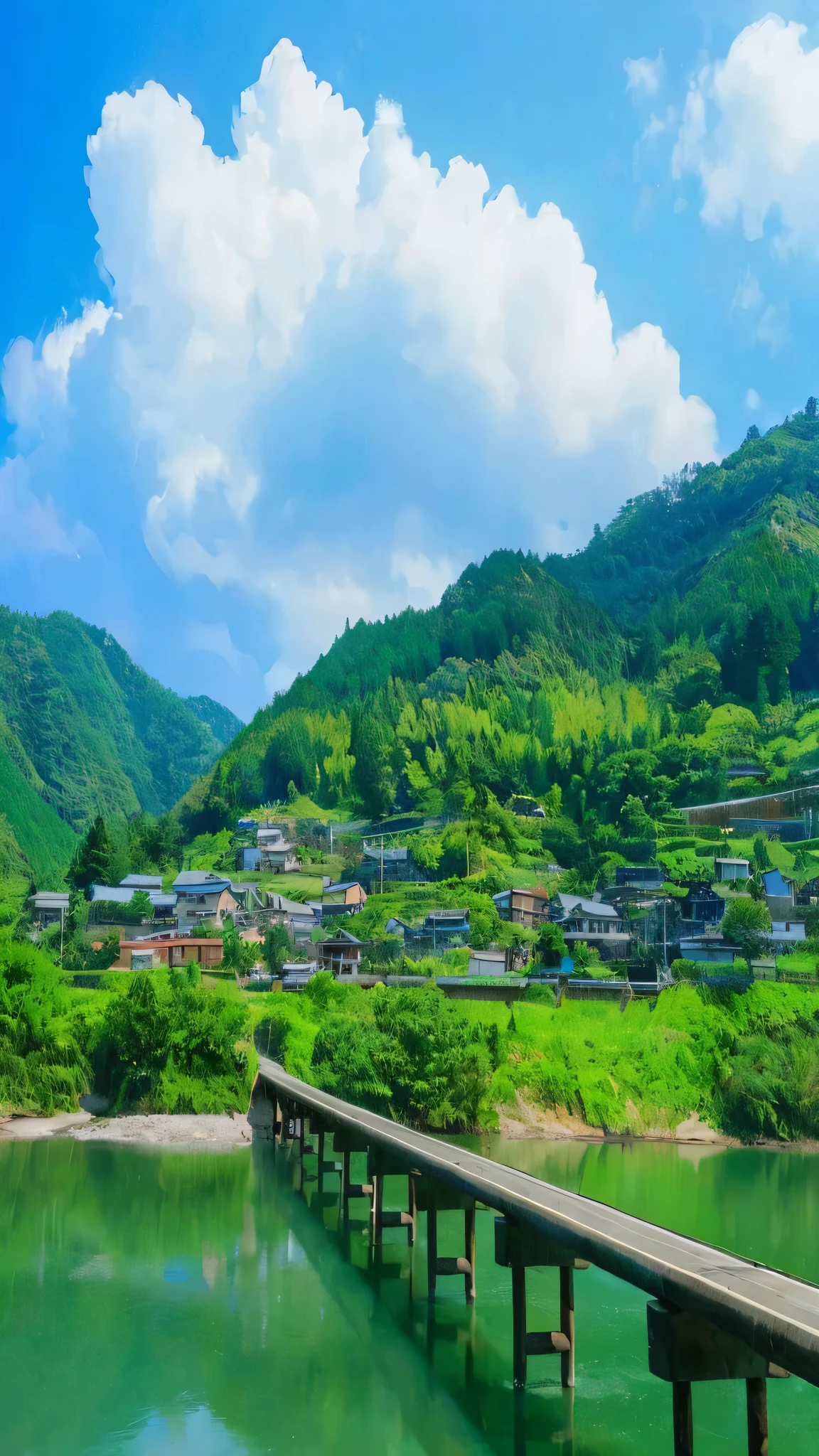 "A tranquil Japanese mountain village scene with a long concrete bridge stretching across emerald-green lake waters. Traditional houses with varied colored roofs cascade up the verdant mountainside, creating a terraced effect against the lush forest backdrop. Dramatic cumulus clouds billow in the bright blue summer sky. The landscape features multiple shades of green, from the deep forest to the bright hillside vegetation. The concrete bridge's strong geometric lines contrast with the organic shapes of nature. High-saturation photography style capturing the vibrant colors of rural Japan, with particular emphasis on the jade-colored water reflections. Power lines crisscross the hillside, adding modern elements to this traditional landscape."
