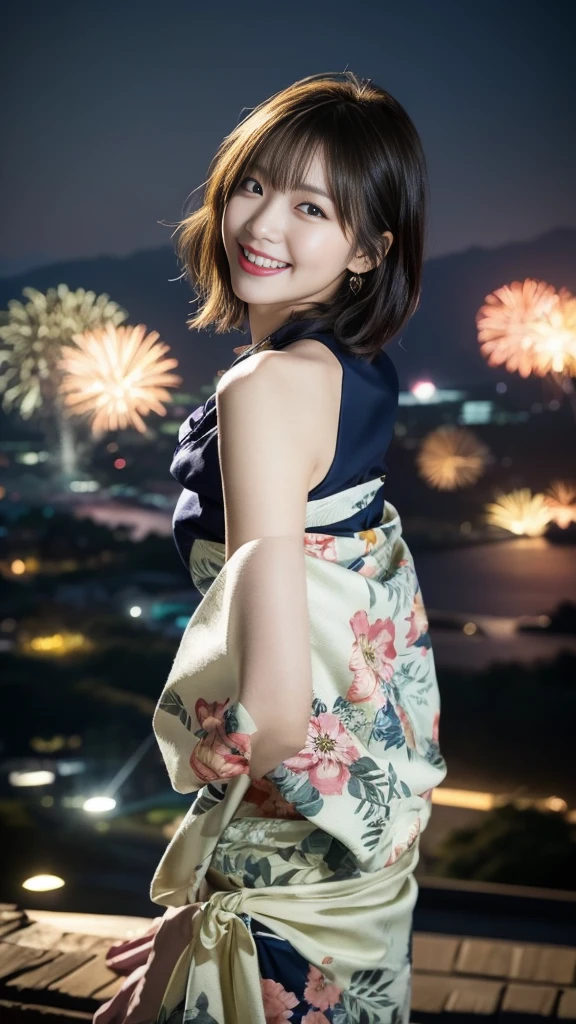  1 girl、( floral yukata on a hill overlooking the city:1.2)、(I'm wearing a :1.4)、(Fireworks in the background:1.3)、( RAW Photos、masterpiece、High image quality、Best Quality)、(Realistic、photorealistic:1.4)、Clear photos、 very delicate and beautiful、 extremely detailed、8k、 extremely detailed、Super detailed、 high definition、Soft light、detailed eyes and face、 beautiful detailed nose、 beautiful detailed eyes、 navy thigh high socks 、City lights at night、Starry Sky、 COMPLETE ANATOMY、smile、Beautiful woman、25 year old Japanese woman、In the Japanese countryside、 beautiful feet、double eyelid、Natural colored lips、 Portrait 、85mm lens、 realistic skin texture 、 Perfect Proportions 、Delicate hair、 short cut hair、 light brown hair with visible tip of tongue、