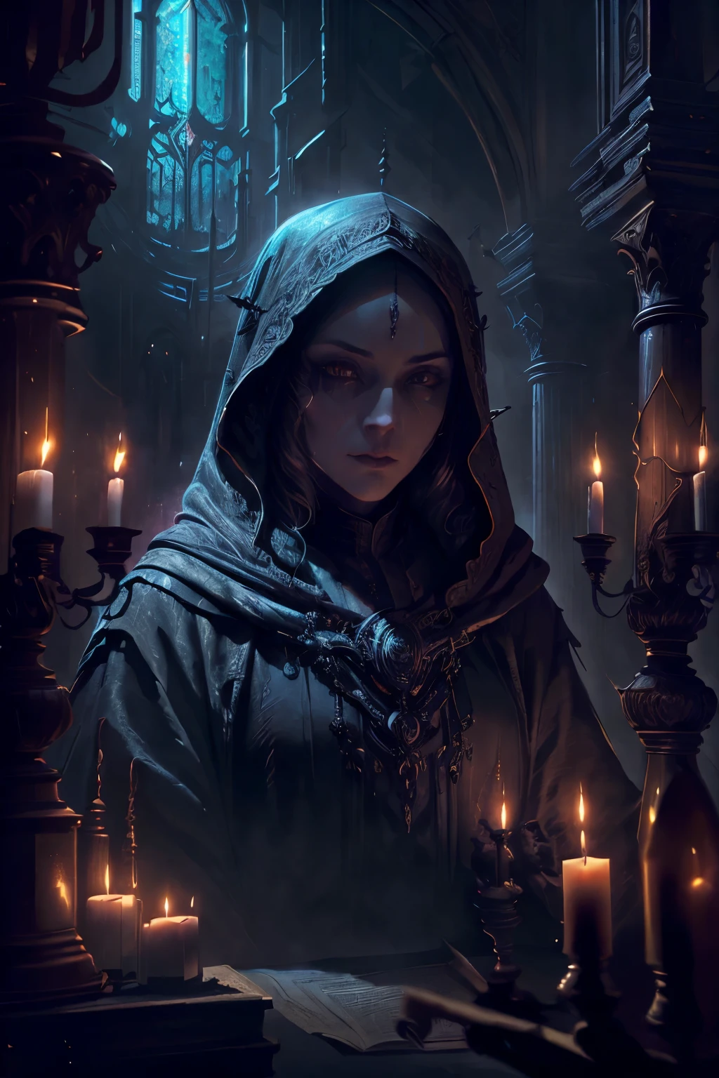 A captivating evil nun with a powerful gaze in a gothic cathedral, rich in details, elegant dress, harmonious colors in a dark atmosphere, (best quality,4k,8k,highres,masterpiece:1.2),ultra-detailed,(realistic,photorealistic,photo-realistic:1.37),cathedral interior,stained glass windows,dramatic lighting,intricate architecture,detailed facial features,beautiful eyes,full lips,long eyelashes,flowing robes,dark and moody,muted color palette,dramatic shadows,ornate decor,vaulted ceilings,gothic arches,candles,religious iconography