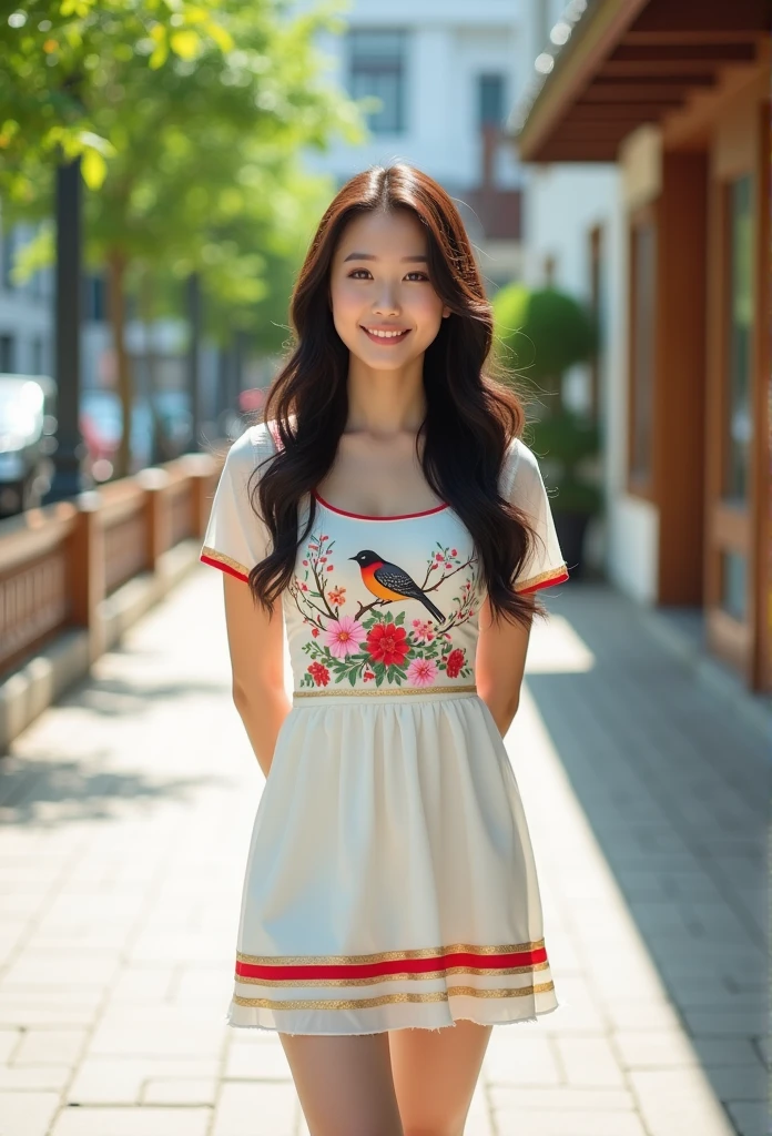 The image is a high-resolution photograph of a young Asian woman standing outdoors on a sunlit sidewalk. She has long, wavy, dark brown hair cascading over her shoulders and is wearing a white, short-sleeved dress that reaches her knees. The dress is adorned with a large, colorful, and detailed floral pattern at the chest, featuring a bird perched on a branch with red, pink, and green flowers beneath it. The floral design extends down the front of the dress, ending with a band of red and gold trim at the hem. The woman has a gentle, friendly expression and is smiling softly. Her hands are placed behind her back, adding a relaxed and approachable vibe. The background shows a suburban street with a mix of modern and traditional architecture. There are trees with lush green leaves, a wooden railing, and a white building with large windows and wooden trim. The sidewalk is made of light-colored, rectangular paving stones. The overall atmosphere is bright and cheerful, suggesting a pleasant, sunny day. The photograph captures a moment of casual elegance in a serene urban setting.