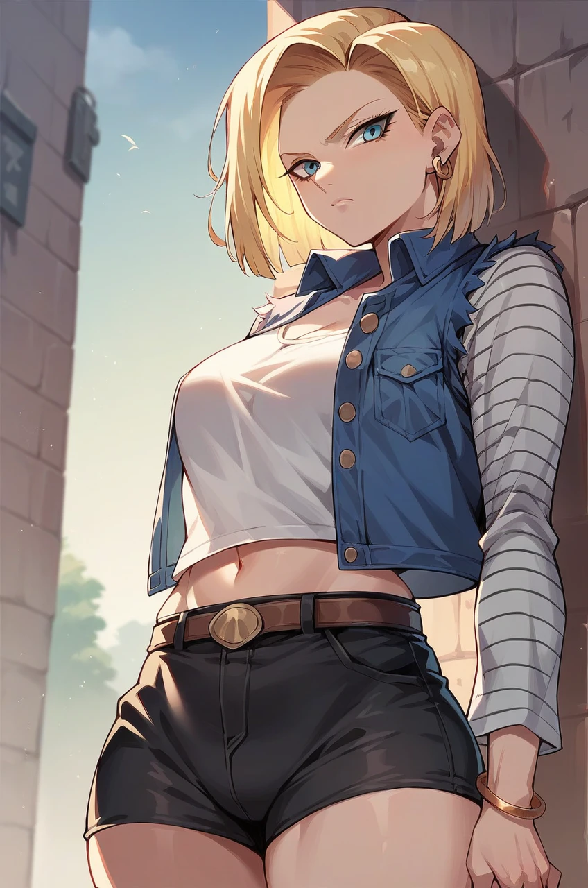 Android 18 in bondage, she's wearing her classic blue skirt and black jacket with striped sleeves. her tiny pink panties are peeking out of her skirt. She is soaked with sweat. (sweat soaked) her chest strains the fabric of her white t-shirt and massive, sweaty, gigantic breasts are partially visible through her soaked t-shirt. (scared) (huge breasts) (oversized breasts) (blonde hair)