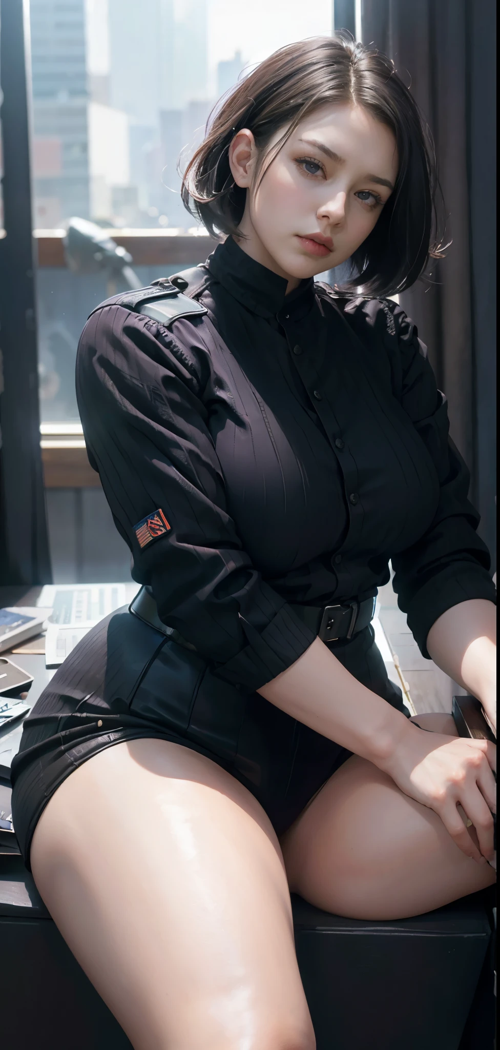(((Peak AOT,cabelos preto e longos,officer suit,The shirt, jaket, a paradise_army_校服, 校服, badges, parody, awas_beaks, opinion poll_corps_\(badges\), ))),((tmasterpiece)),A high resolution, ((Best quality at best)),tmasterpiece,top-quality,Best quality,((( exquisite facial features,looking at viewert,There is light in the eyes,Smilingly,Self-confident ))),(((Light and shadow interlace,huge boob))),((((SFW),Panting Face、Insufficient、perspired、show excitement、back to look back, A mature woman, Classroom, Big Breasts Teacher, (Sexy poses on the desk:1.1), from back,plump butt, sittinng on the desk,)))