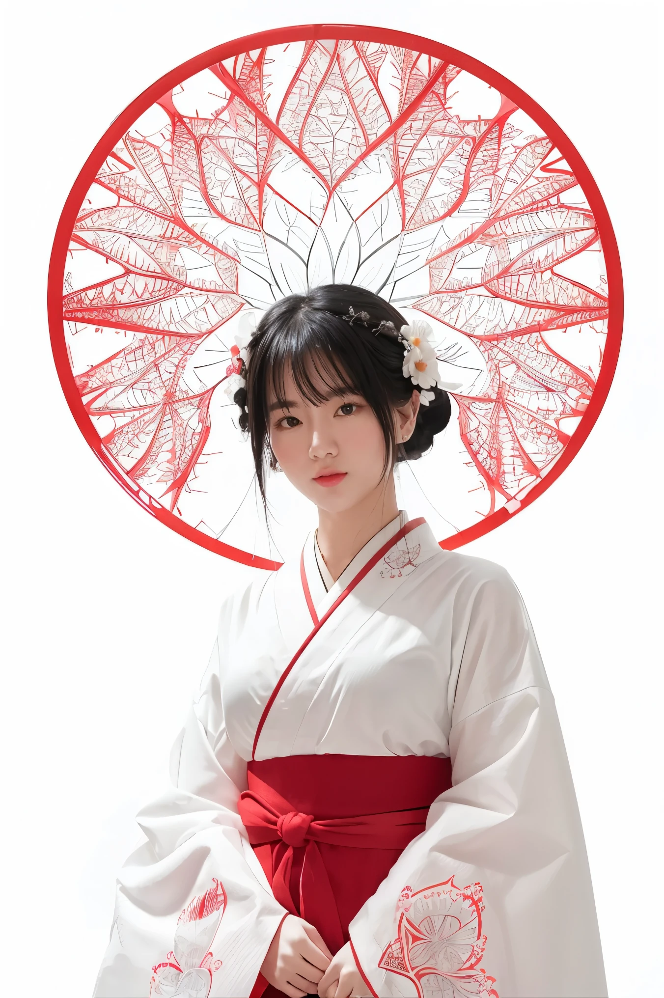 (((white background、White world)))、s、unity 8k wallpaper、super detailed、beautiful beautiful、masterpiece、highest quality、(tangleた、mandala、tangle、tangle)、(fractal art:1.3)、one girl、beautiful black hair、Japanese、Big pink、red kimono、Japanese clothing、very detailed、dynamic angle、cowboy shot、The most beautiful things form chaos、elegant、brutal design、Bright colors、romance、atmosphere、ecstasy notes、Streaming music notes are displayed、(((white background、pure white background、Red circle)))