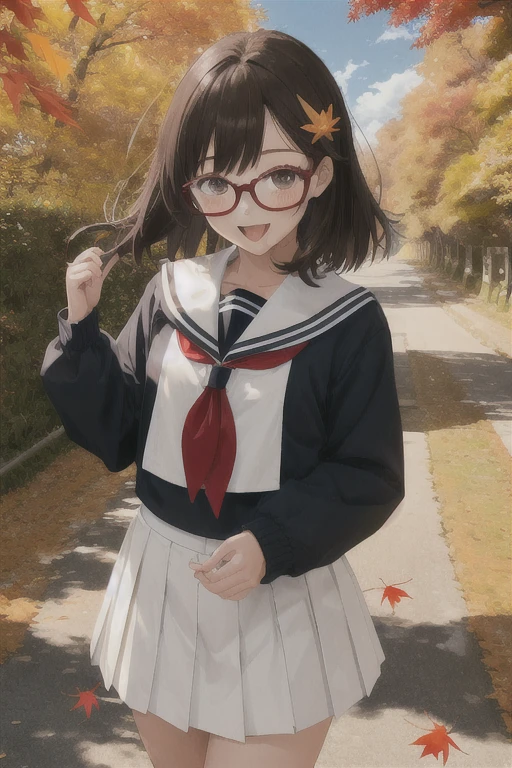 masterpiece, Best Quality, One young girl, Alone， short stature ， toddler figure ，smile, Brown Hair,  hair ornament,  Brown Eyes , Ganguro，Glasses，Seraph， white shirt ，long sleeve sailor collar ， red neckerchief， hair clip that invites you with your hand，sunlight，Anime Coloring，Autumn outdoors， fall leaves for vaginal discharge，Blue Sky，cloud，flower,  opens her mouth,  pleated skirt, white panties，Strong winds，