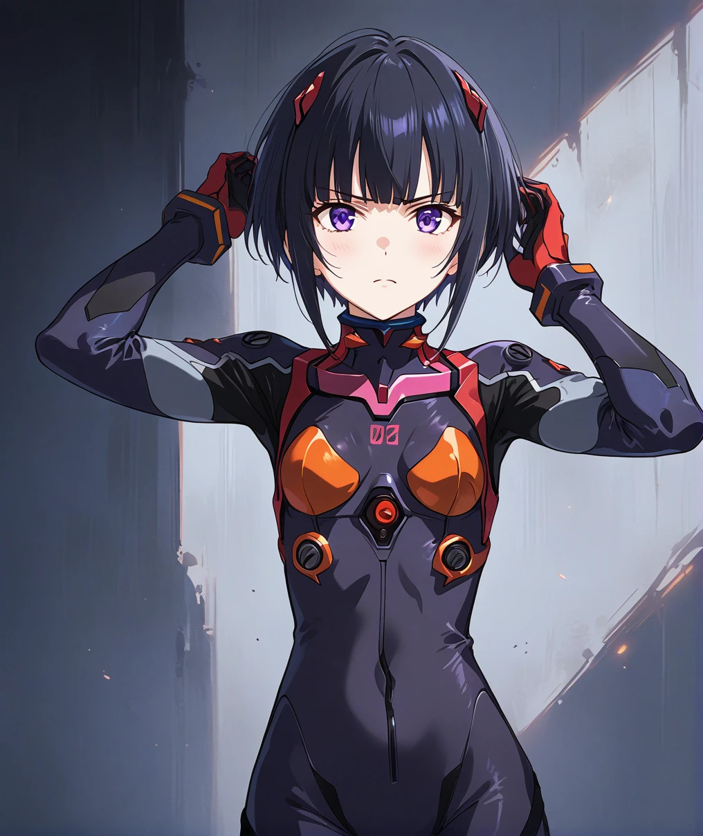 score_9, score_8_up, score_7_up, source_anime, 1girl, solo, expressionless, scorn, grumpy,frown, srykcy, short hair, black hair, bob cut, blunt bangs, purple eyes, flat chest, small breasts,plugsuit,bodysuit,pilot suit,bracer,open mouth,bangs,turtleneck,solo,cowboy shot,:d,gloves,looking at viewer,headgear,adjusting hair,narrow waist,standing,hand up,(masterpiece:1.2), (best quality:1.2), (very aesthetic:1.2), (absurdres:1.2), (detailed background),(best illumination),newest, perfect anatomy
