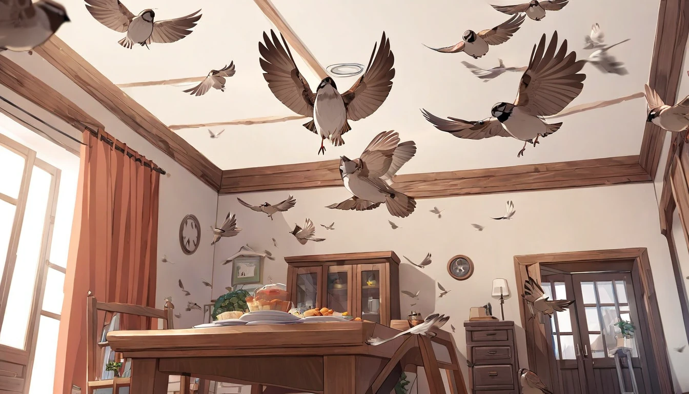 Sparrows fly into the room，Circling around the house