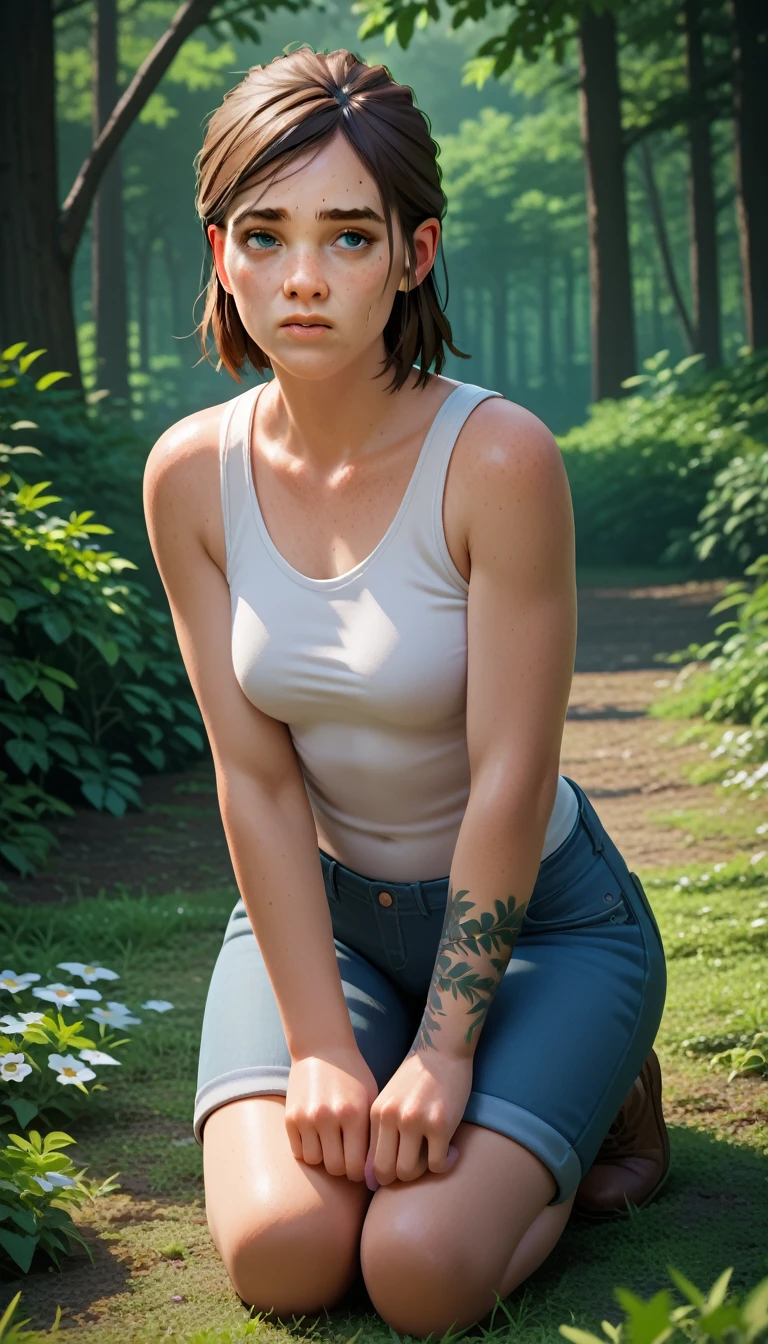   High resolution,   masterpiece  , necessary,    anatomically correct , Detail, 1 girl, Ellie Williams ,  The Last of Us Part 2 , in the forest, kneeling, white tanktop ,ohxw photo